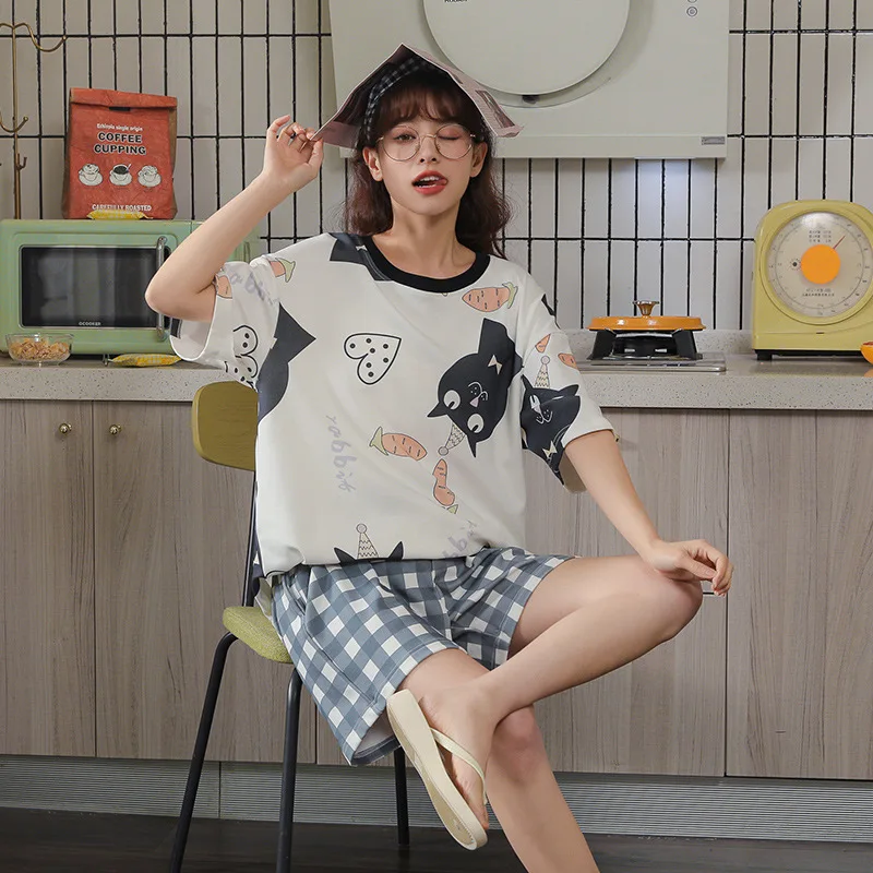 

Korean Style Chic Ulzzang Breathable Female Trendy Sleepwear Cotton Pajamas Set Women Summer Black Lace Shorts Cartoon Plus Size
