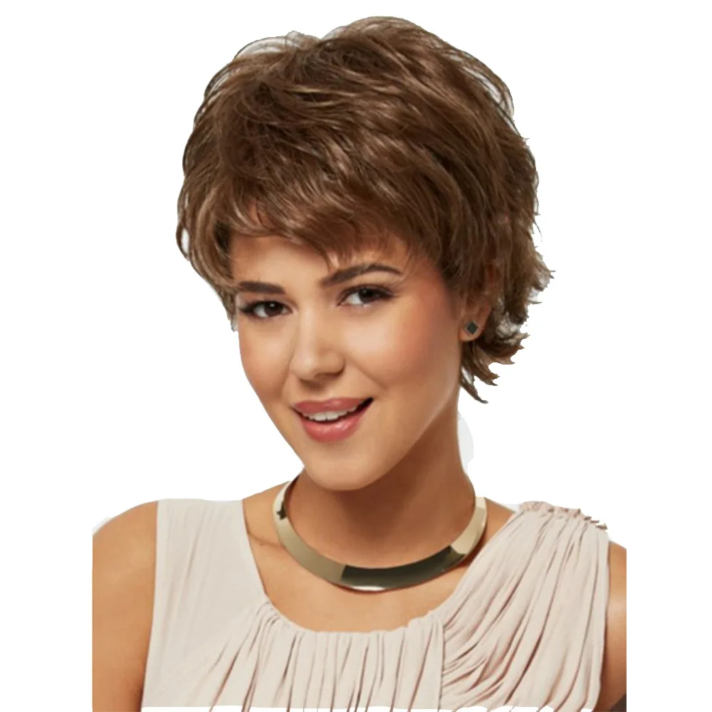 

Short Curly Wigs for Women Wig with Bangs Natural Brown Hair Synthetic Costume Wigs and Daily Use