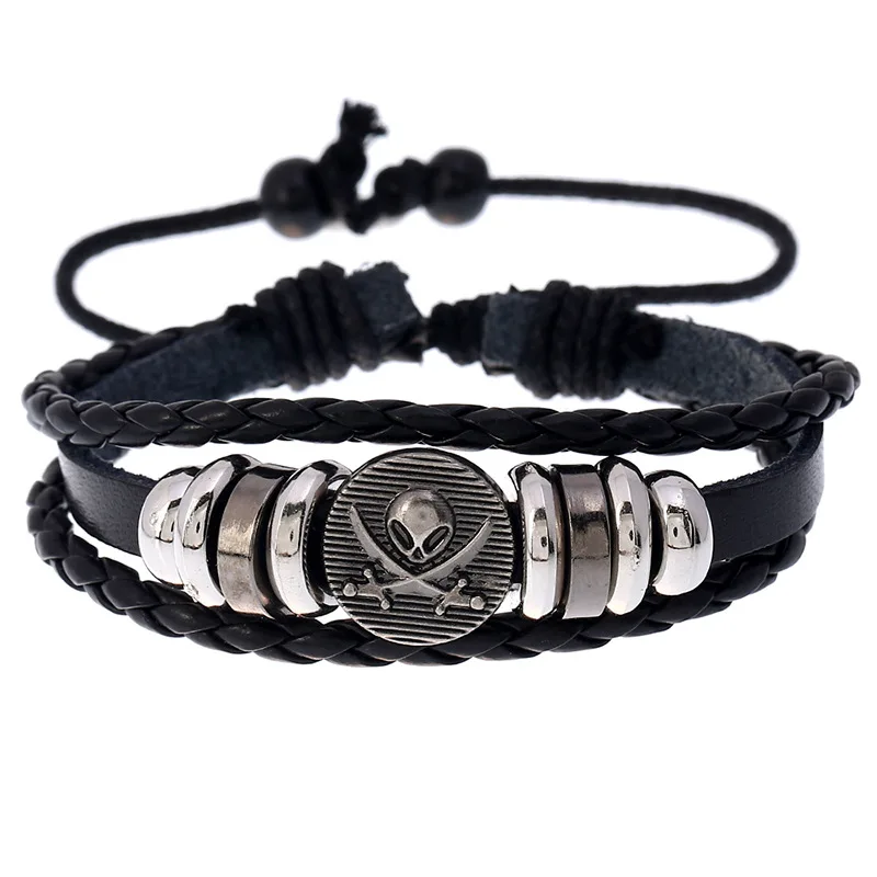 

New Jewelry Retro Beaded Skull Leather Bracelet Simple and Versatile Adjustable Men and Women Leather Accessories