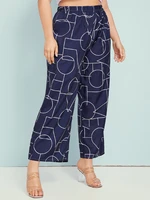 plus size women clothing capris pants 4xl printed pattern blue trousers loose waist fashionable comfortable casual home