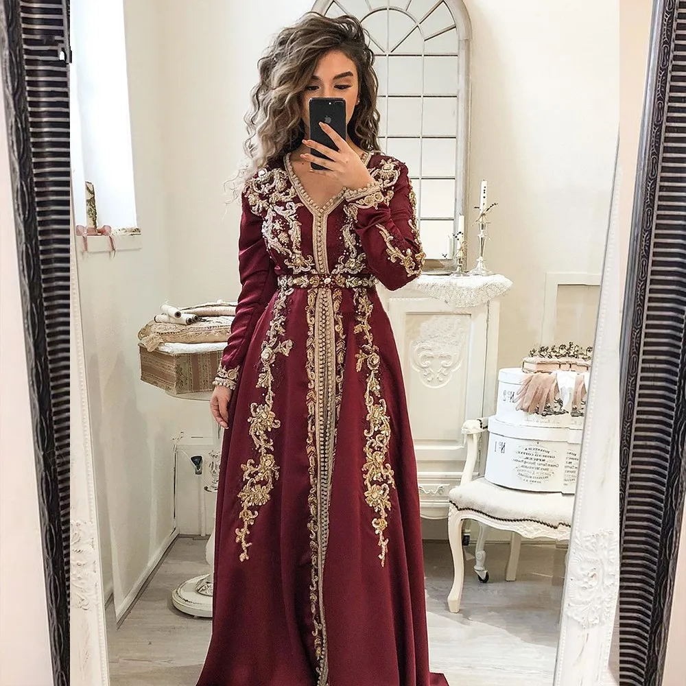 Muslim Evening Dresses A Line V-neck Long Sleeves Chiffon Dubai Abaya Saudi Arabic Moroccan Long Evening Gown Prom Dresses Prom