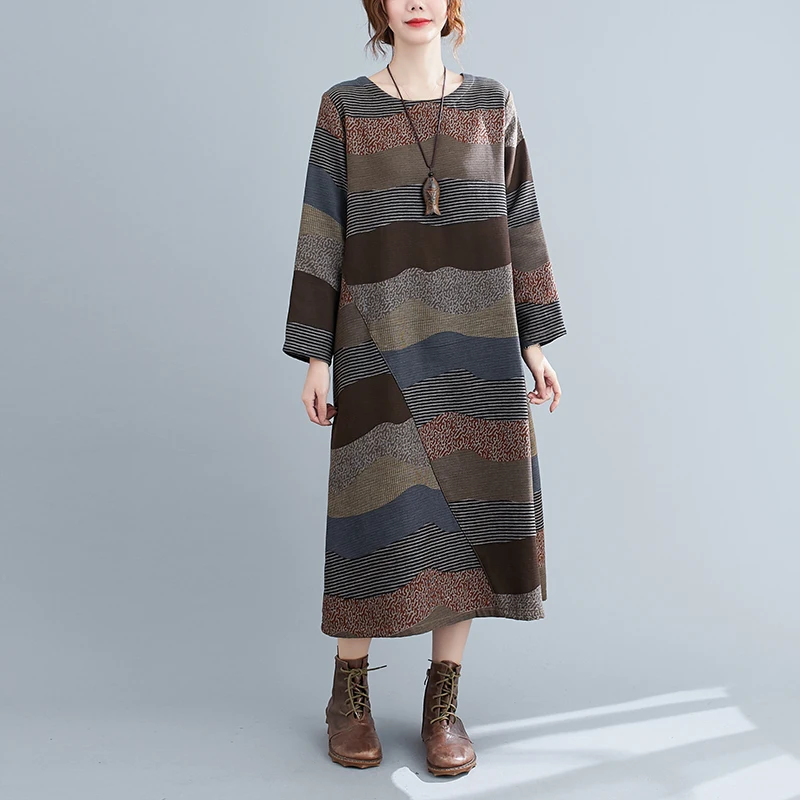

Long Sleeve Cotton Linen Vintage Print Spring Autumn Dresses For Women Casual Loose Office Lady Dress Elegant Clothes