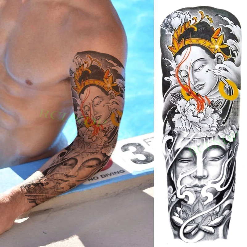 

Waterproof Temporary Tattoo Sticker Buddha Chinese Style Lotus Full Arm Fake Tatto Big Flash Tatoo Sleeve for Men Women