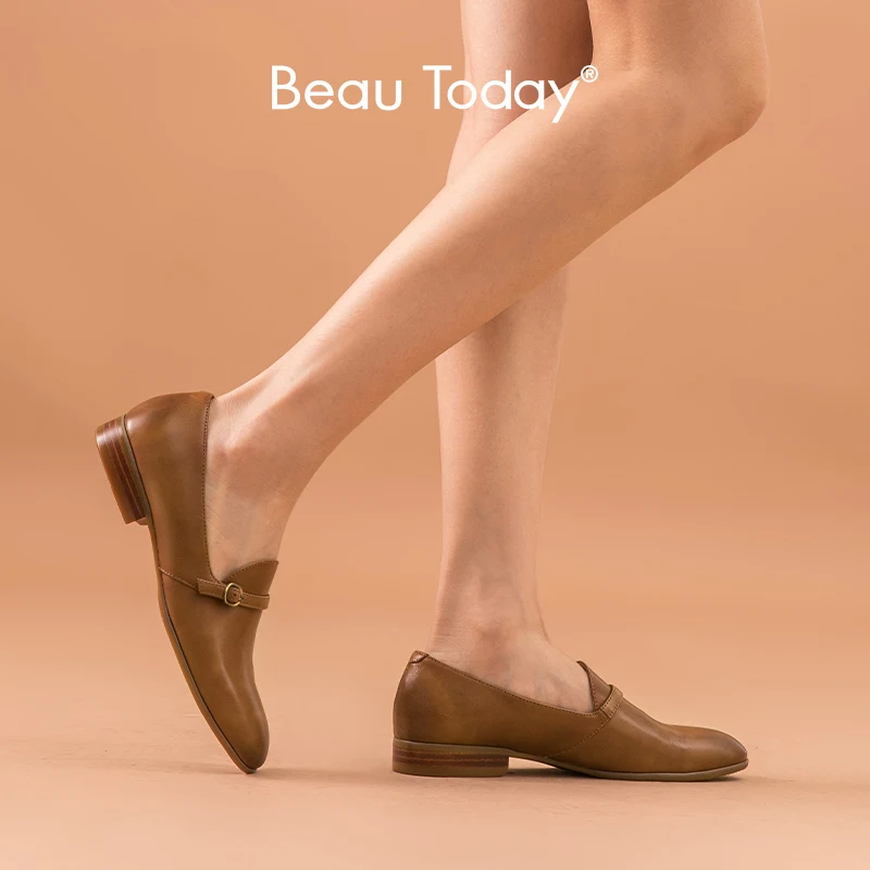 BeauToday Loafers Women Genuine Cow Leather Round Toe Buckle Ladies Slip-On Casual Flat Shoes Handmade 27159