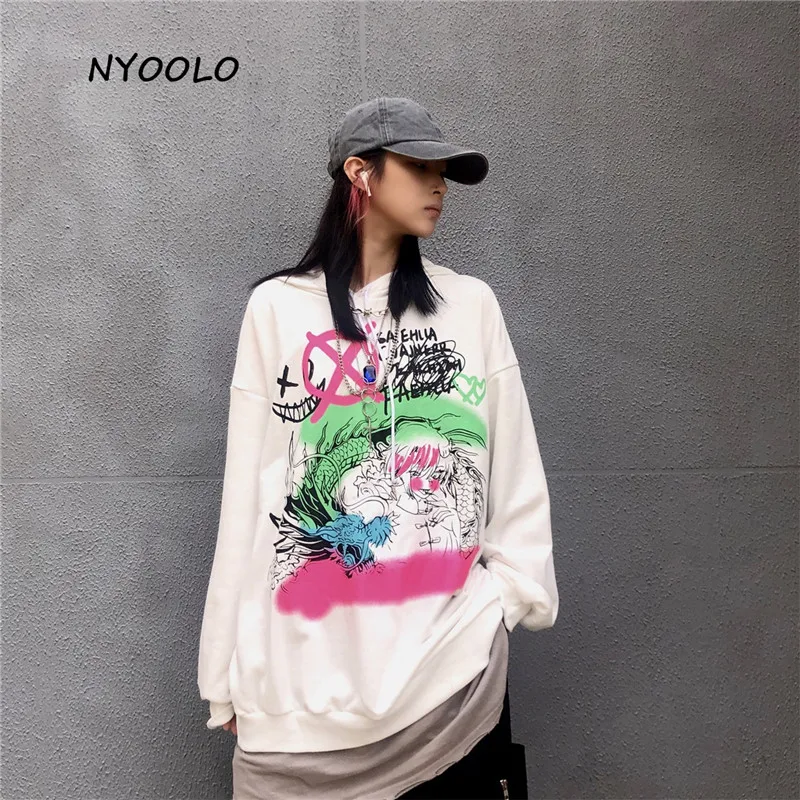 

NYOOLO Harajuku streetwear dragon Graffiti print long sleeve hoodies women Autumn loose pullovers hooded hip hop sweatshirt tops