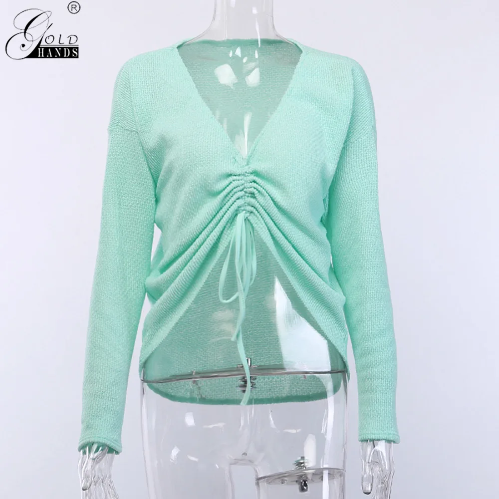 Gold Hands 2019 Sexy Fold Drawstring Solid Sweaters for Women Autumn Loose Knitted Outwear Casual V Neck Sweater Pullovers | Женская