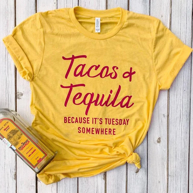 

Tacos And Tequila Because It's Tuesday Somewhere Red Women Tshirt Cotton Funny T Shirt Gift 90s Lady Yong Girl Aesthetic Graphic