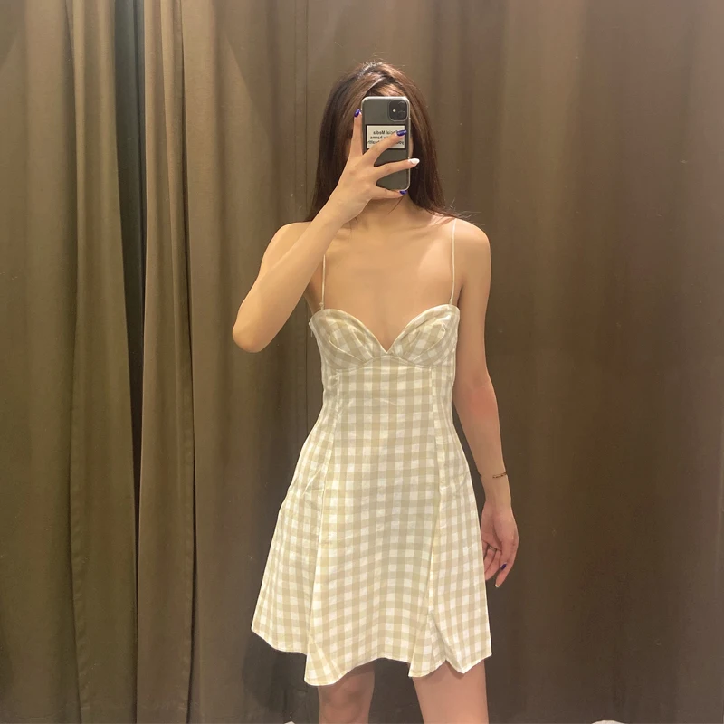 

ZA New Women's Dress Leakage Shoulder Sleeveless Waist Girdle Skirt Plaid Dress Female 030673