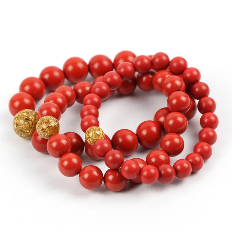 New Arrival Natural Stone Cinnabar Bracelet Round Loose Beads For Jewelry Making Gold Leaf Rosary DIY String Bead | Украшения и