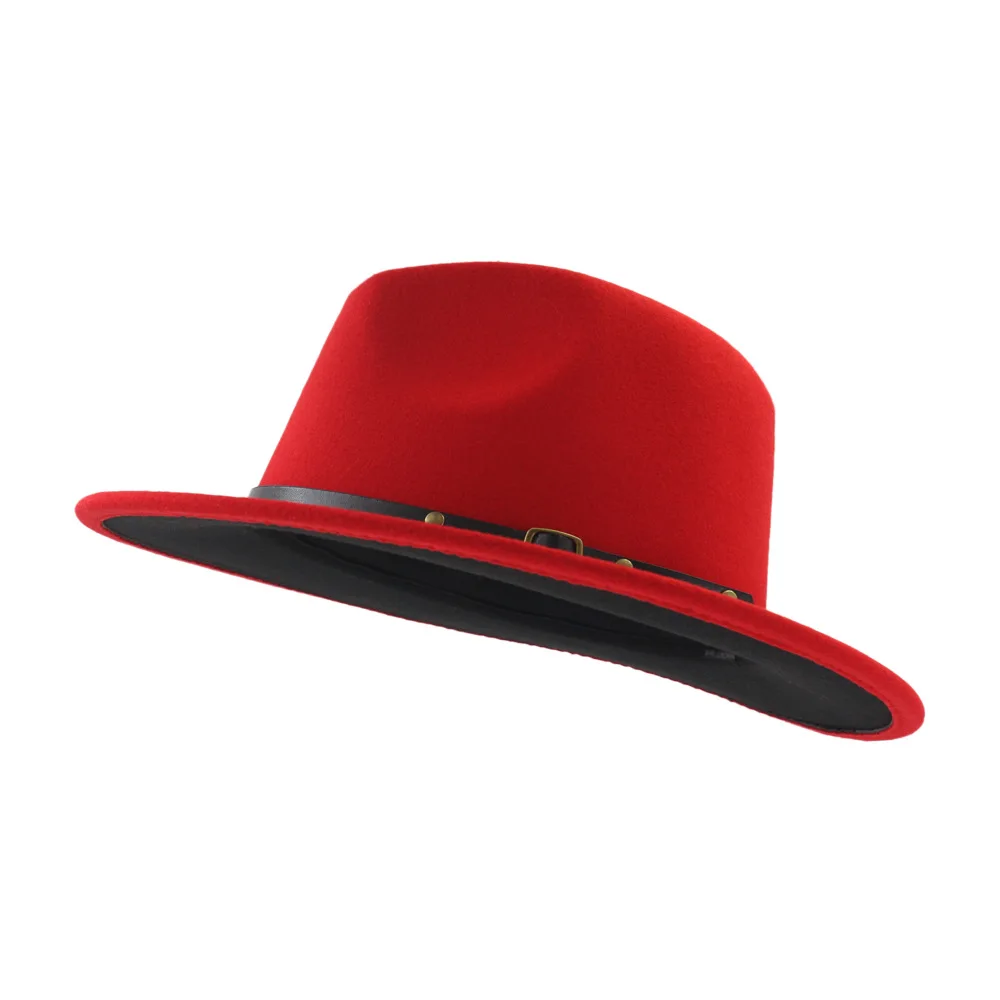 

Size 56-58CM Fashion Patchwork Black Red Women's Wool Hollow Western Cowboy Hat With Sun God Belt Cowgirl Jazz Cap AD0848