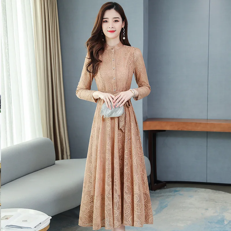 

Lace dress 2020 spring new large size women's long-sleeved temperament fashion lady long knee-length skirt
