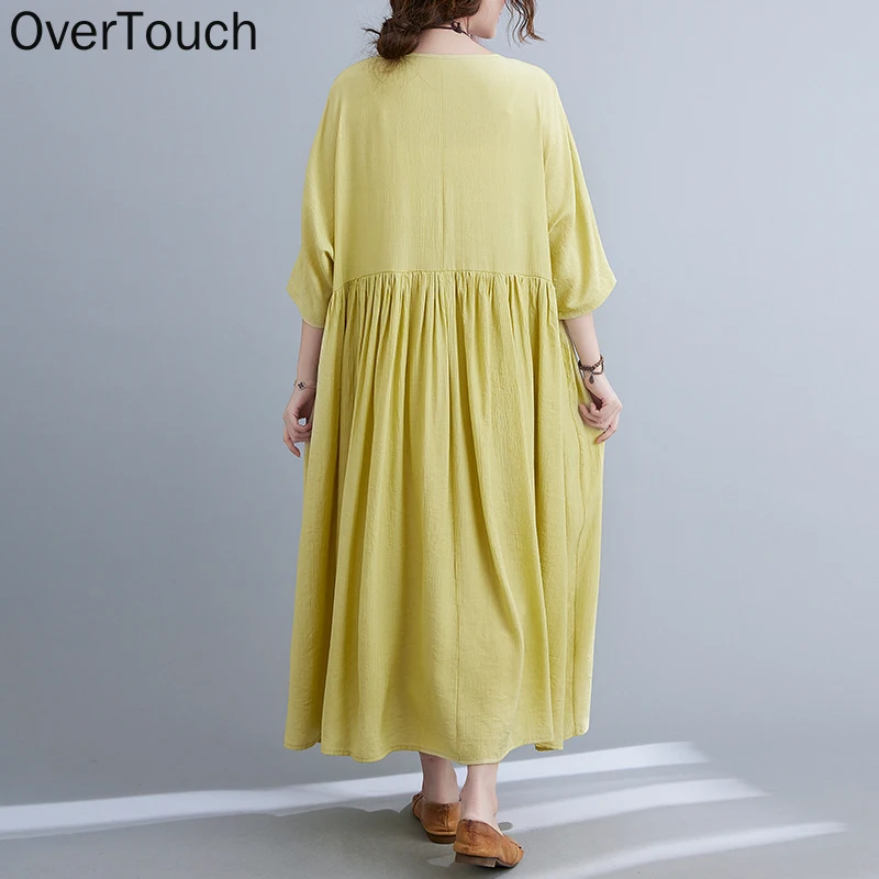 

2021 Plus Size Summer Style Dress Beach Women Female Solid Linen Patchwork Loose Vintage Bat Long New Casual Dress 4XL