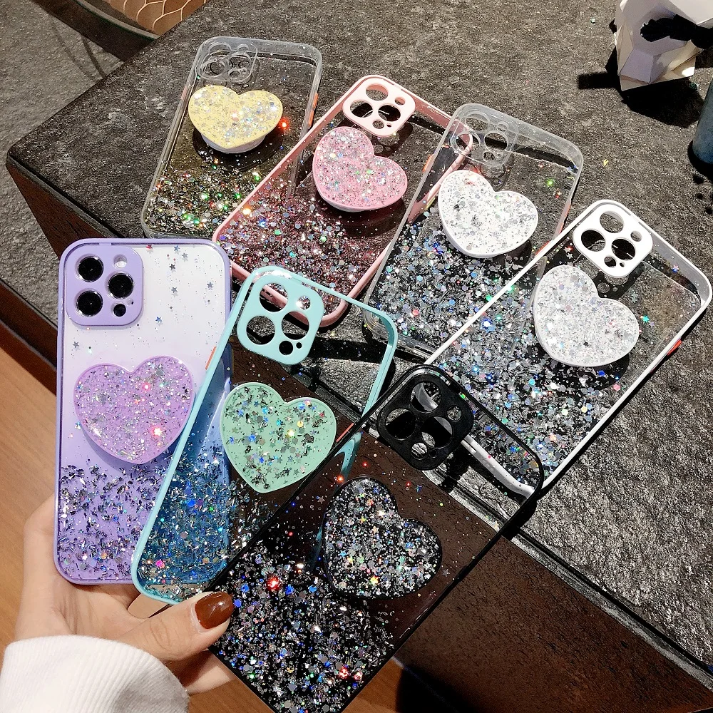 

Heart Holder Silicone Case for Vivo V21E V21 V20 Y93 Y91 Y95 Y91 Y20 Y50 Y19 Y17 Y73 Glitter Sequins Lens Protection Clear Cover