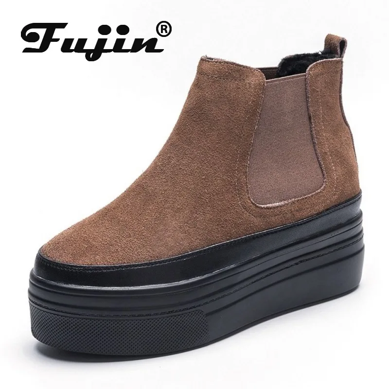 

Fujin 8cm Women Boots Genuine Leather Platform Wedge Hidden Heel Women Ankle Boots Chelsea Slip on Warm Fur Winter Boots Booties