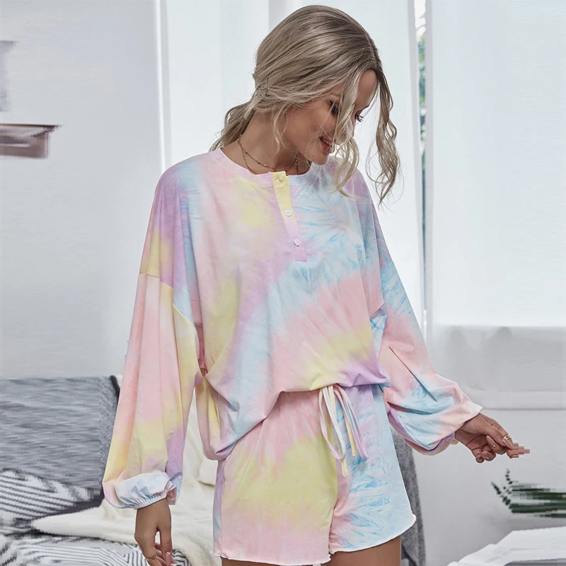 

Женская пижама с шортами, комплект из 2 предметов, Женская домашняя одежда с длинным рукавом и круглым вырезом, весенне-летние пижамы, компле...