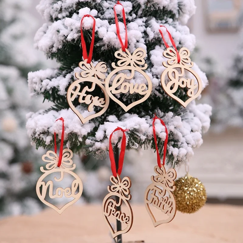 

6pcs/Pack Navidad 2020 Log Color Hollow Wooden Christmas Ornament Merry Christmas Christmas Tree Decorations Hanging Decoration