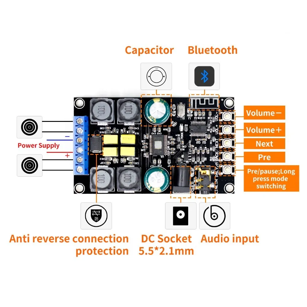 VHM-316 TPA3116 50 Вт+ 50 Вт 2,0 аудио беспроводной 5,0 Bluetooth стерео цифровой усилитель мощности плата с оболочкой