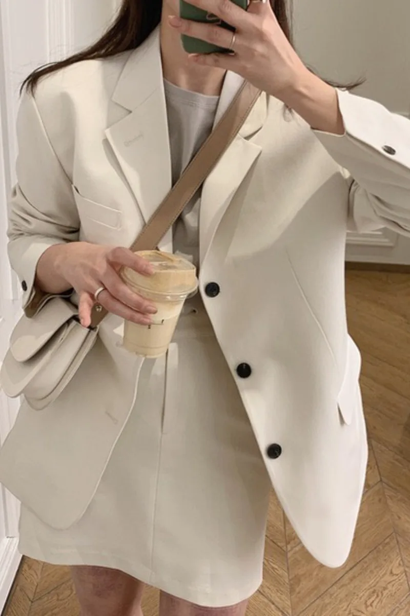 

2021 Spring Autumn Korean Chic Single Breasted Blazer Coat High Waist Mini Skirt And Jacket Set Office Suites For Women 2 pieces