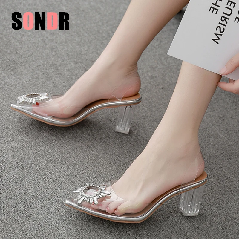 Летние женские босоножки прозрачные туфли на высоком каблуке с острым носком и