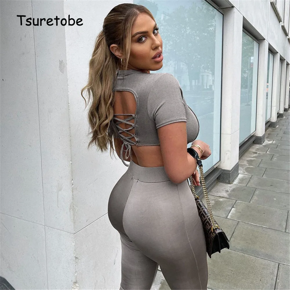 

Tsuretobe Повседневный бандажный комплект из двух предметов, Женская Сексуальная футболка с открытой спиной и укороченные брюки с высокой тали...