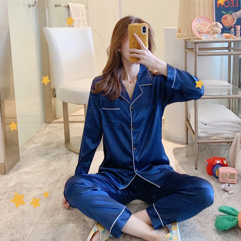 Размера плюс 5XL Для женщин пижамный комплект с длинным рукавом шелковый атлас