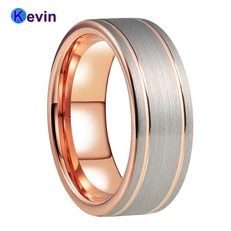 

Male Female Ring Rose Gold Tungsten Wedding Band With Grooved Brushed Finish 6MM 8MM Comfort Fit
