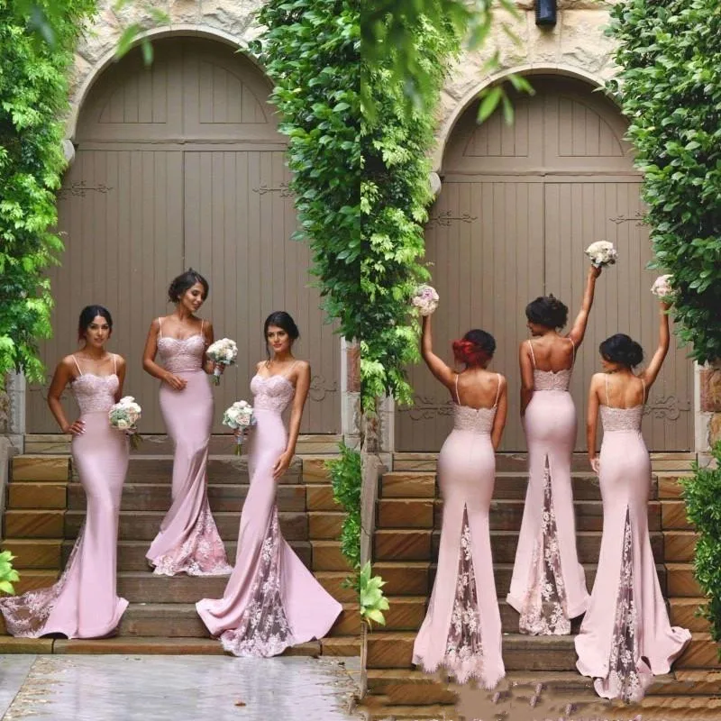 

Mermaid Long Cheap Bridesmaid Dresses Spaghetti Lace and Spandex Blush Maid of Honor Gowns Formal Wedding Party Gowns Custom