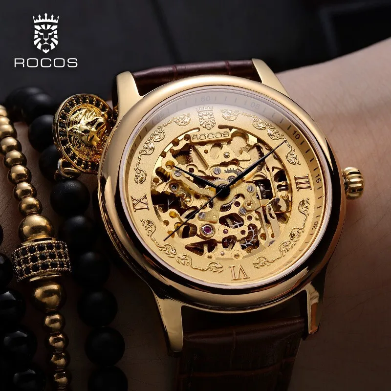 Мужские наручные часы мужские автоматические механические Rocos золотые Роскошные
