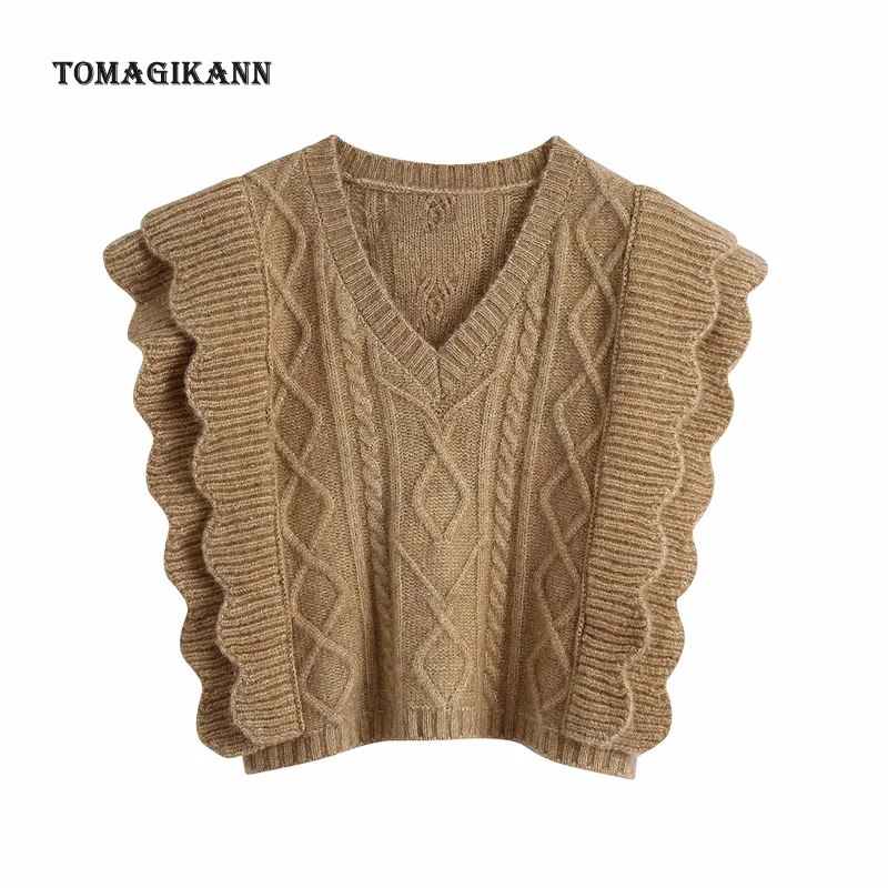 

Women Sweater Vests Solid Lacework V Neck Knitted Waistcoat 2021 New Spring Fashion Casual Loose Female Jumper Tops