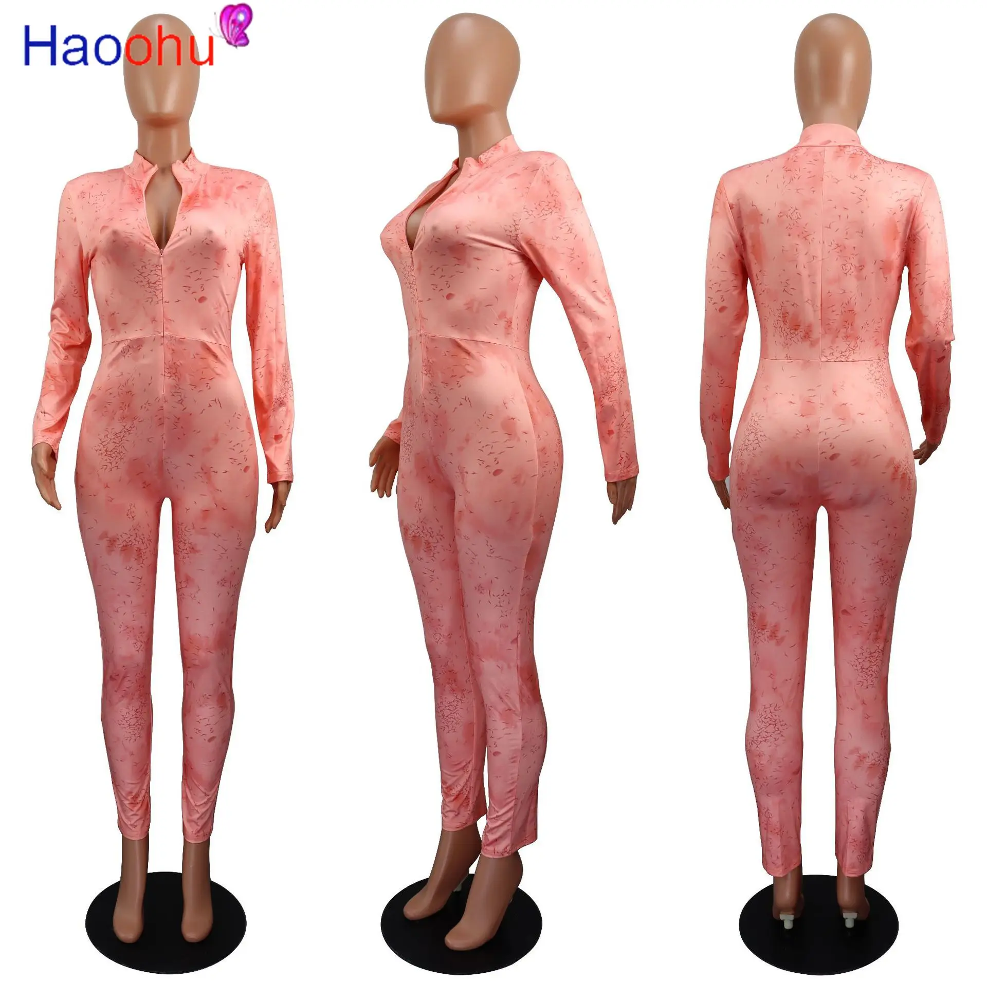

HAOOHU Autumn Streetwear Tie Dye Long Sleeve Jumpsuit Women Bodycon Sportwear High Waist Zipper Romper One Piece Overalls