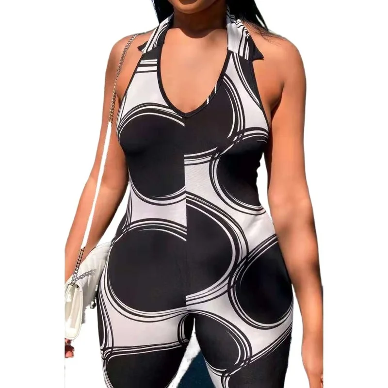 

Print Club Outfits for Women Clubwear 2021 Sexy V-neck Halter Strap Sleeveless Slim Print Black Slim Temperament Casual Jumpsuit