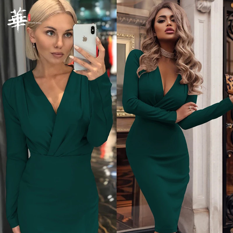 Однотонное сексуальное осеннее платье с v образным вырезом и высокой талией