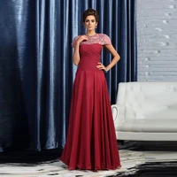 charming red two pieces chiffon mother of the bride dresses with detachable bolero beading neck short sleeve wedding guest gowns