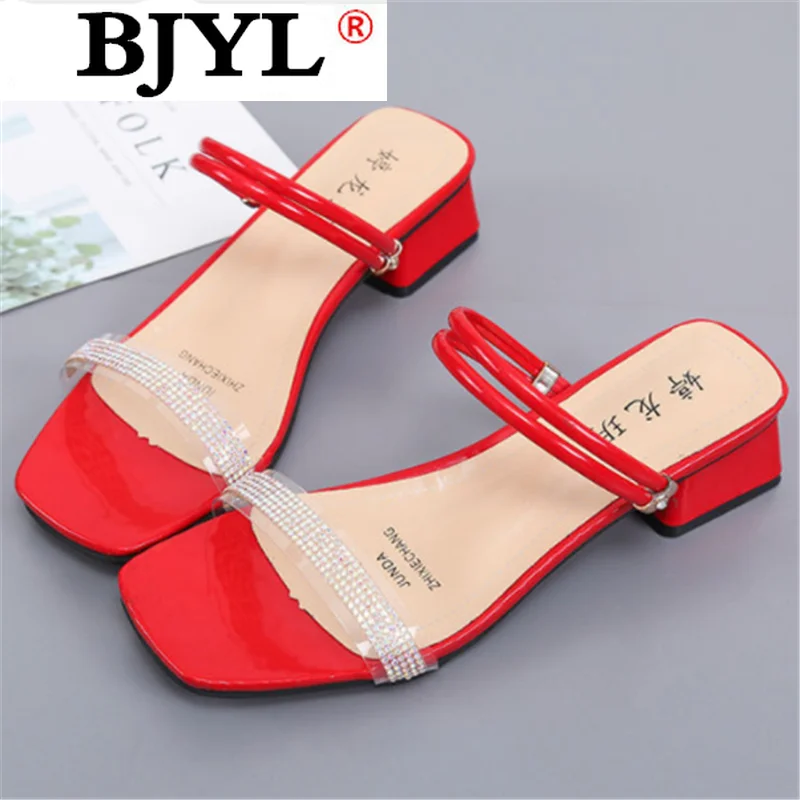 

2021 New Women's Sandals Fashion Pu Leather Set Foot Mid Heel Sandals Outdoor Comfortable Open Toe Rhinestone Summer Women Shoes