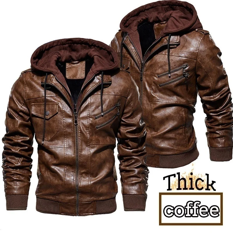 

Men's Leather Jacket Autumn Winter Hooded Fur Lined Coat Man Thick Bomber Jacket With Hood Plus Size Vintage Coat Men Jackets