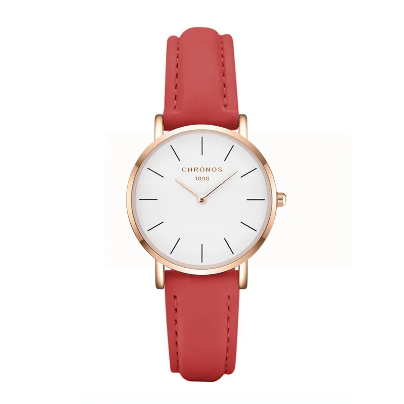 Модные брендовые женские часы Chronos с простым кожаным ремешком кварцевые золотым