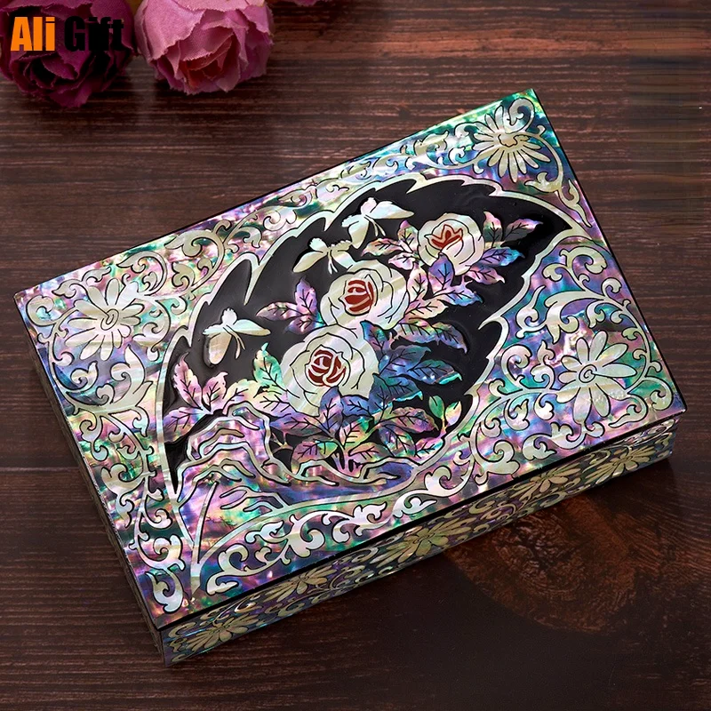 

Mother-of-Pearl Jewelry Small Wooden Shell Carving Card Box Simple Business Wedding Gift Drawer Makeup Organizer Storage Box
