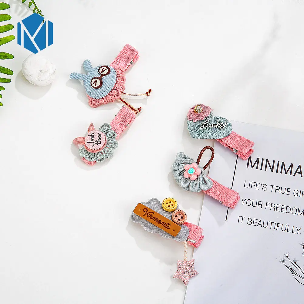 Cloud button 5pcs/set Fashion Full Covered Children Hair Clips Girls Cartoon Bow Cotton Hairpins Crown Kids Barrettes Cute Hair Accessories - Цвет: Cloud button