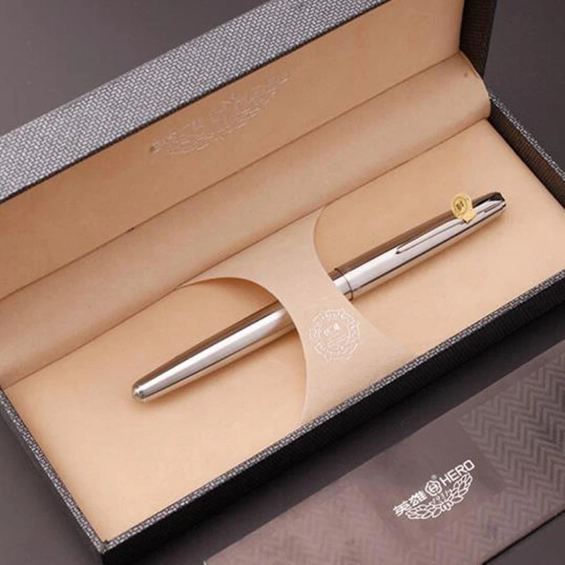 Hero 100 14K Gold Nib Vintage Fountain Pen Metal All-Steel Silver, Authentic Outstanding Ink Pen 0.5mm Business Gift Set