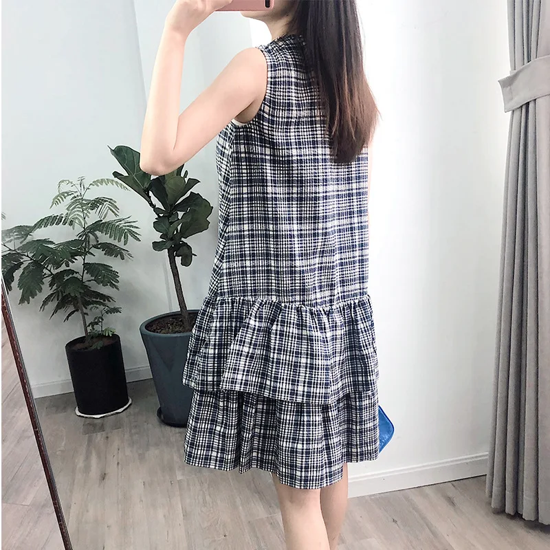 

Ruffled Women's Mini Dress Sleeveless Plaid O-neck Loose 2020 Summer New Ladies Dresses