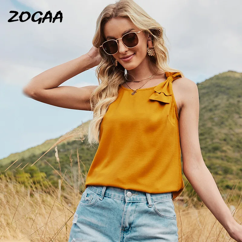 

ZOGAA T-shirts Women New Summer Fresh Sweet Bow Yellow Sling Short Blouse Tops Tees Fashion Casual All-match Chic Hot Sale Girls
