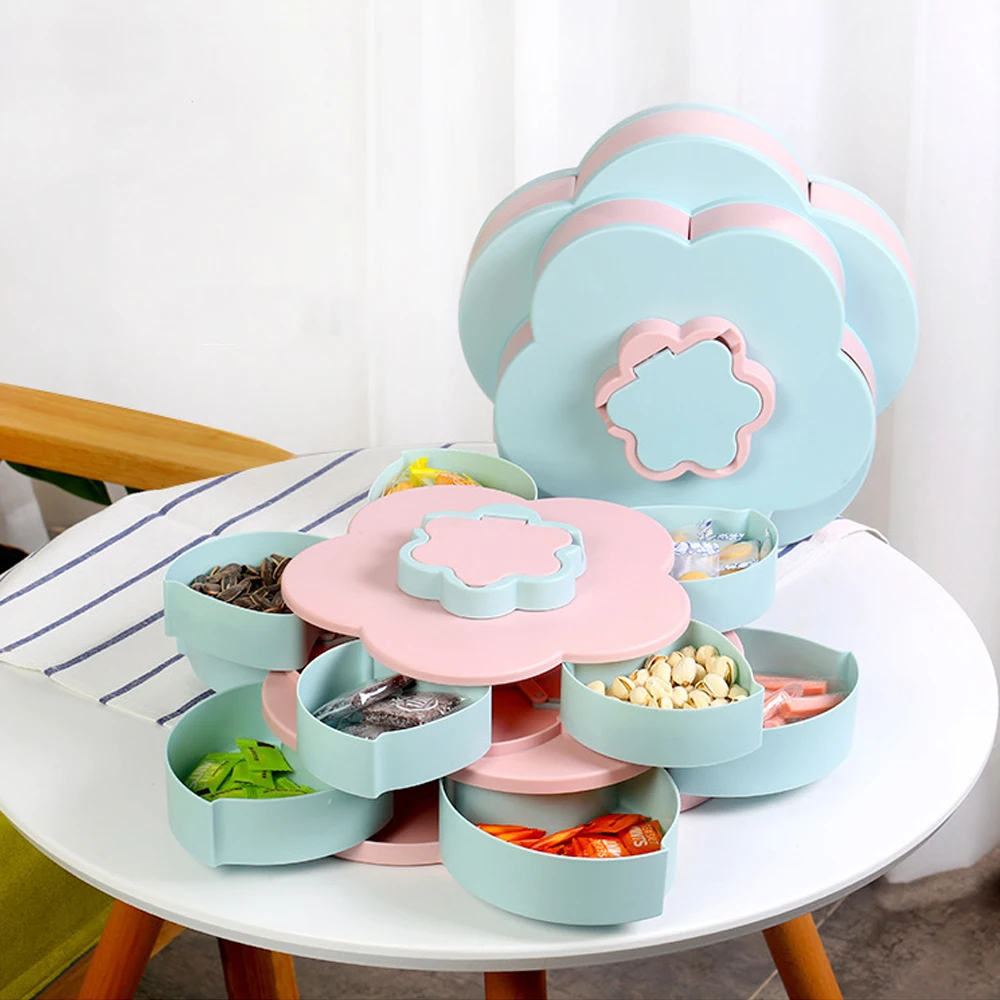

Dried Fruit Organizer Storage Snack Nut Box Rotating Petal-Shape Candy Box Two-deck Flower Candy Fruit Plate Food Storage Case