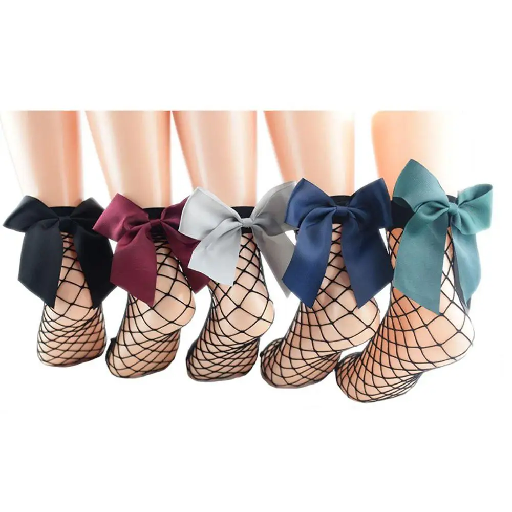 

Summer Women Fishnet Cute Bowknot Socks Black Mesh Short Ankle Sexy Chic Young Girls Harajuku Lolita-Style Mesh Hollow Out Socks
