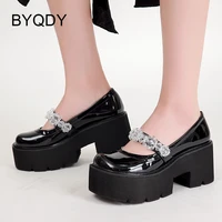 byqdy retro round toe mary jane shoes woman crystal chain square heel loafers slip on street lolita shoes girls light comfort