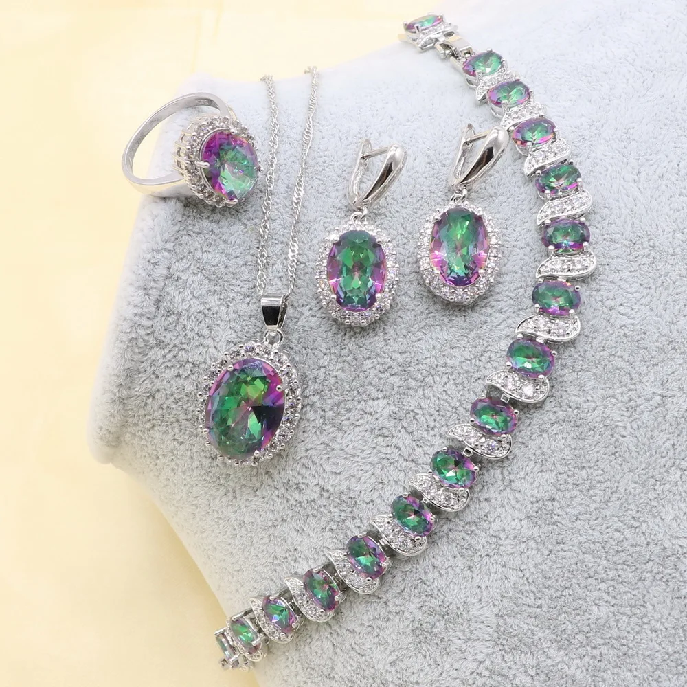 Разноцветные серебряные серьги 925 пробы с браслетом цепочка кулон кольцо подарок