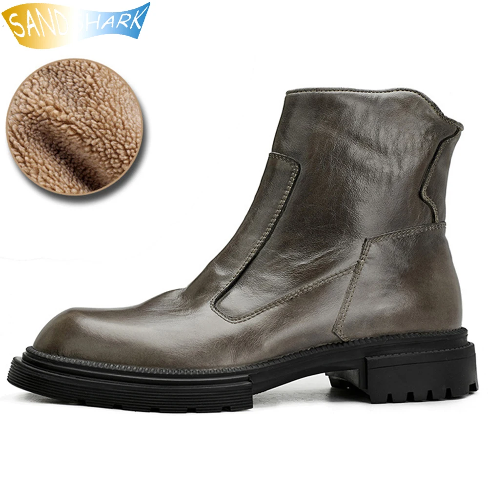Classical Mens Zipper Mid-calf Boots Genuine Cow Leather Military Botas Male Retro Casual Winter Fleece Warm Footwear US Size 10
