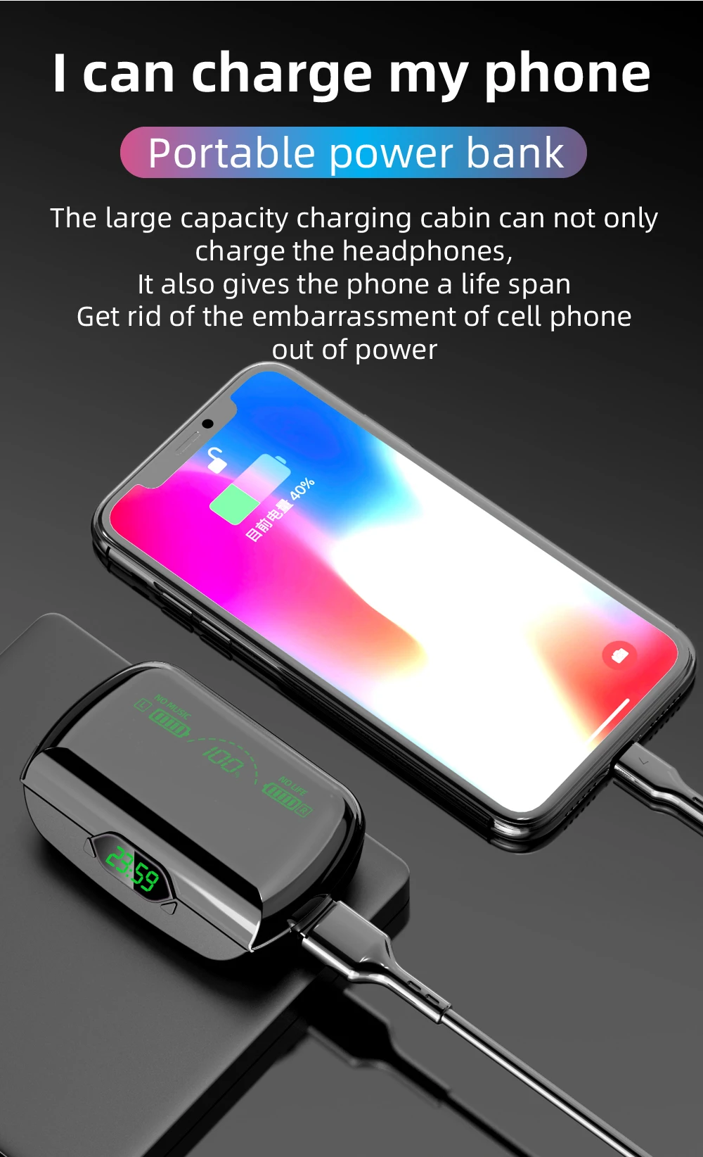 G6 TWS Active Noise Reduction Wireless Bluetooth Headset Charging Cassette Power Bank with Clock Display Binaural 5.0 Stereo | Электроника