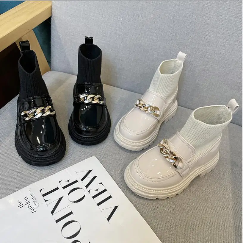 

Girls' socks Martin boots autumn British style girl fashion knitting PU stitching short boots classic Metal chain princess boots