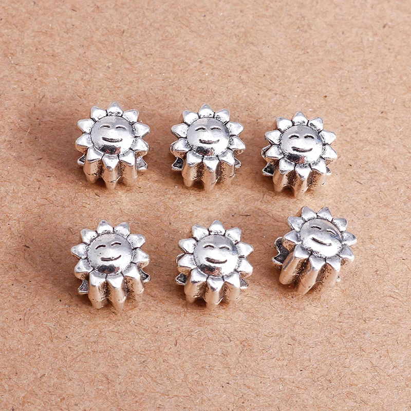 

15pcs/lot Retro Silver Alloy Smile Sun Charms Beads for Jewelry Making Big Hole Loose Spacer Beads Fit DIY Bracelets Necklaces