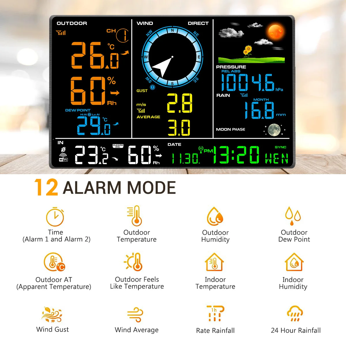 Internet Wireless Weather Station Forecast Temperature Pressure Humidity Wind Gauge Rain Moon Phrase Alarm Clock | Инструменты